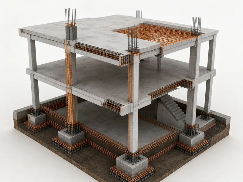 Modelo tridimensional dos elementos e etapas de um projeto estrutural de residencia