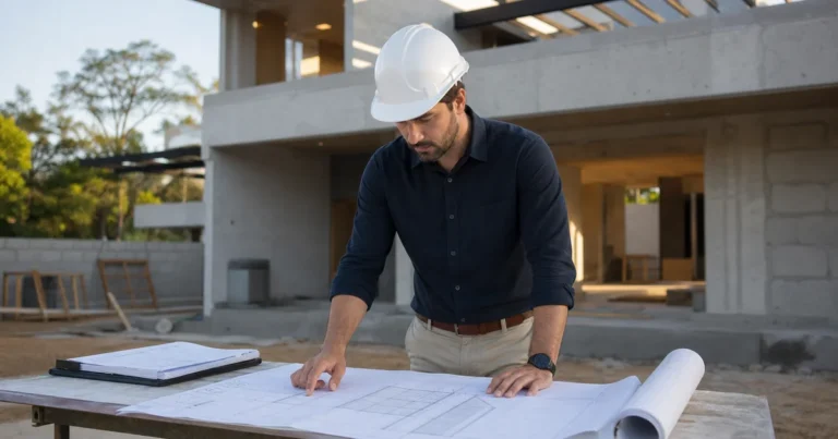 Engenheiro fazendo planejamento e controle de obras em canteiro residencial