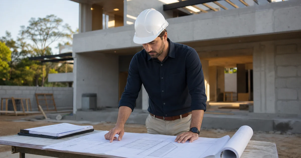 Engenheiro fazendo planejamento e controle de obras em canteiro residencial